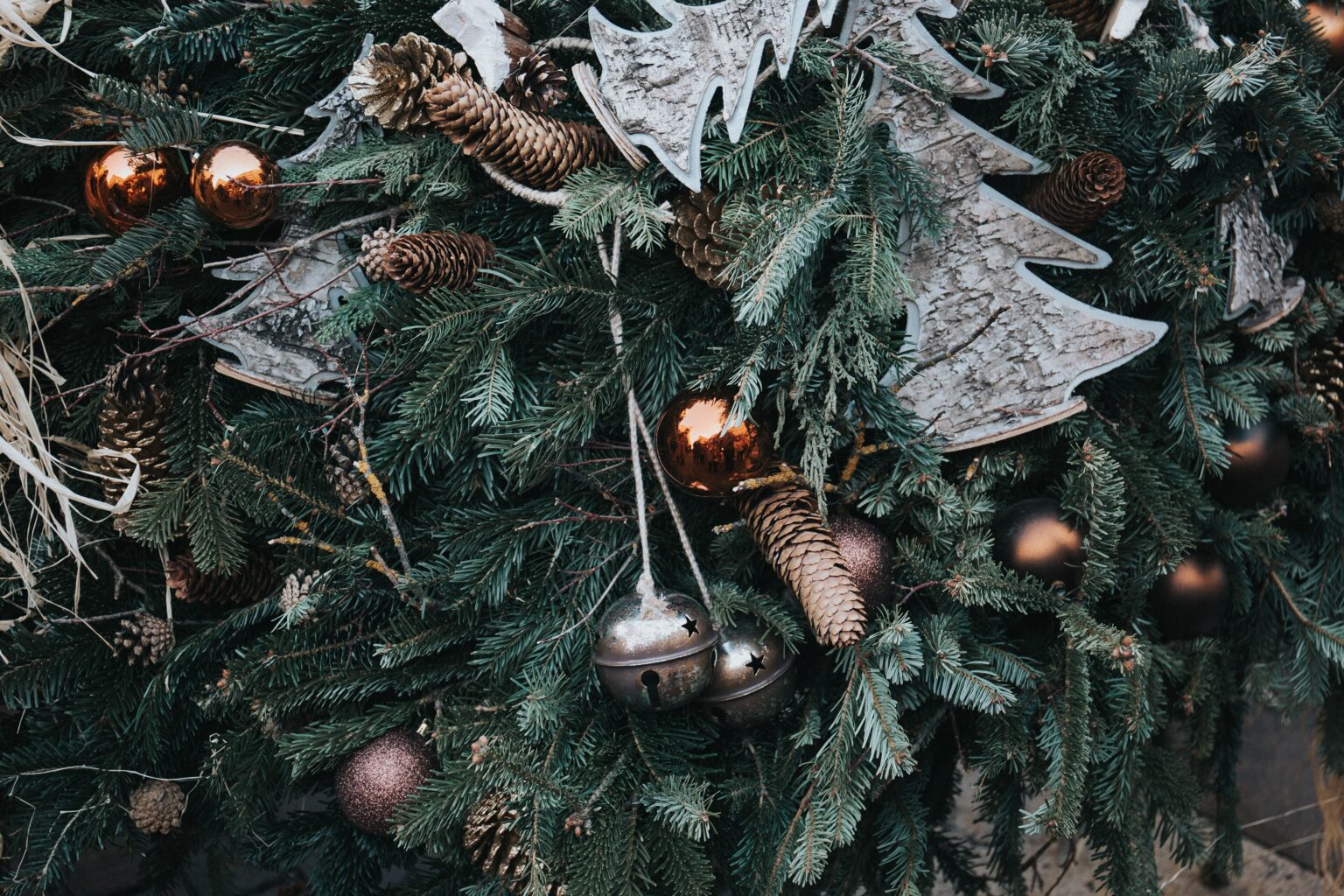Adornos y cascabeles en un pino
